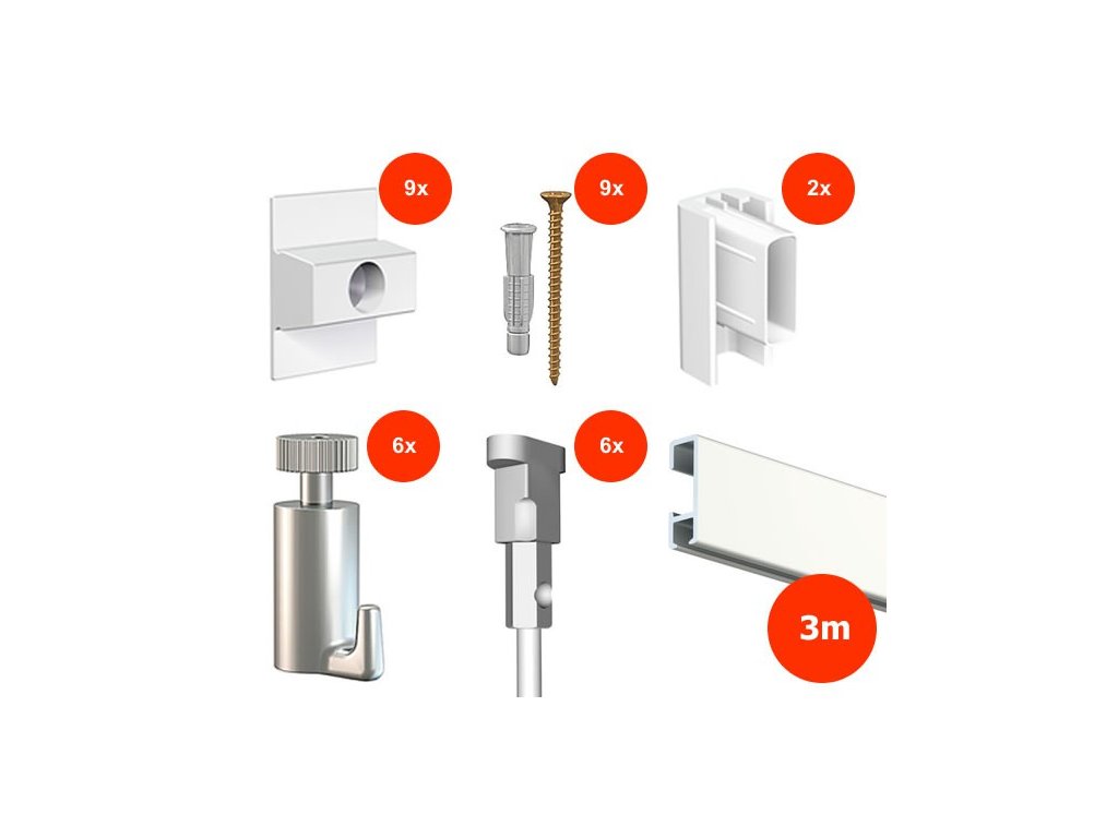 Nástěnný set na obrázky - Click Rail 3m, bílý + 6x perlon včetně háčků