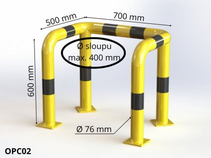 Obloukový nárazník třístranný Ø 76 mm, d 700 mm,  v 600 mm, h 500 mm, žlutý s reflexními pruhy OPC02
