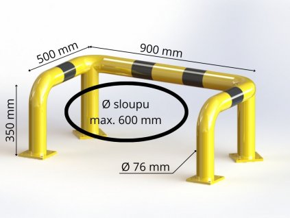 Obloukový nárazník třístranný Ø 76 mm, d 900 mm,  v 350 mm, h 500 mm, žlutý s reflexními pruhy OPC03