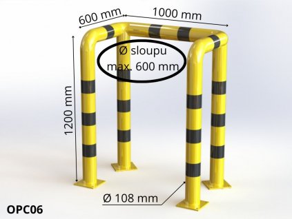 Obloukový nárazník třístranný Ø 108 mm, d 1000 mm,  v 1200 mm, h 600 mm, žlutý s reflexními pruhy OPC06