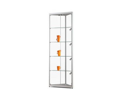 Rohová skleněná vitrína 500x2000x500 mm, boční a stropní LED osvětlení