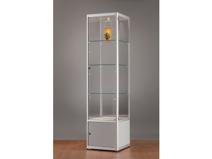 Skleněná vitrína 500x2000x500 mm s úložným prostorem, boční a stropní LED osvětlení
