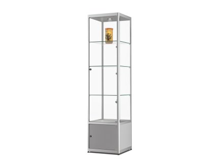 Skleněná vitrína 500x2000x500 mm s úložným prostorem, boční a stropní LED osvětlení