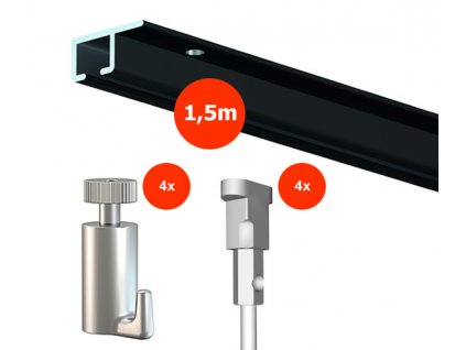 Stropní závěsný set na obrázky - Top Rail 1,5m, černý + 4x perlon včetně háčků