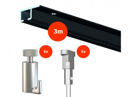 Stropní závěsný set na obrázky - Top Rail 3m, černý + 6x perlon včetně háčků