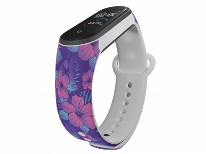 Náhradní náramek Mi band 3/4/5/6 Fialové květiny vzor bílý