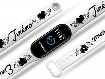 Náhradní náramek Mi band 3/4/5/6 na přání: Okřídlené srdce + Jméno bílý