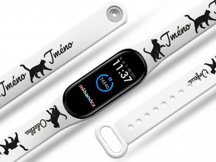 Náhradní náramek Mi band 3/4/5/6 na přání: Kočka + Jméno bílý