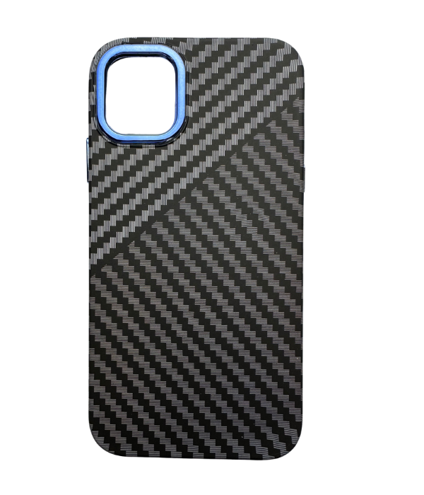Vzorovaný carbonový kryt pro iPhone 14 - Šedý s modrým okrajem -