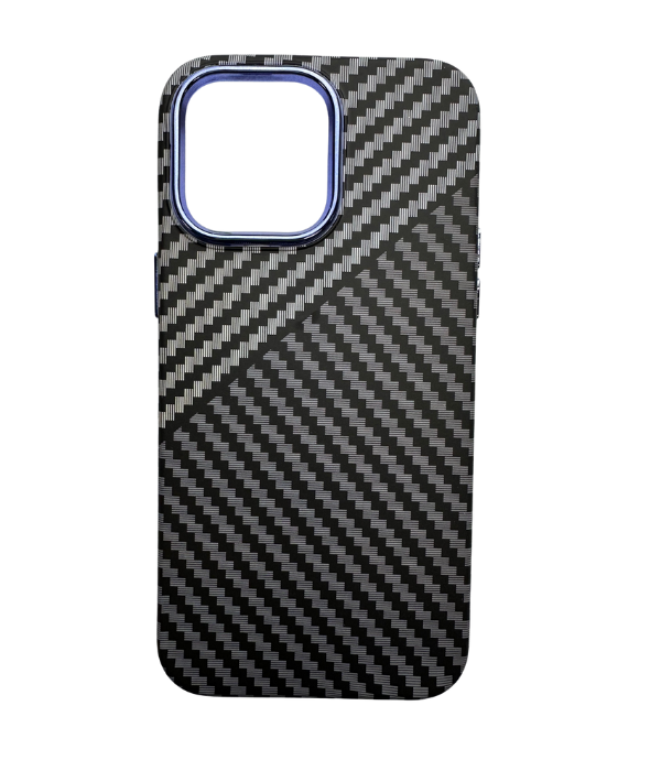 Vzorovaný carbonový kryt pro iPhone 14 PRO MAX - Šedý s modrým okrajem -