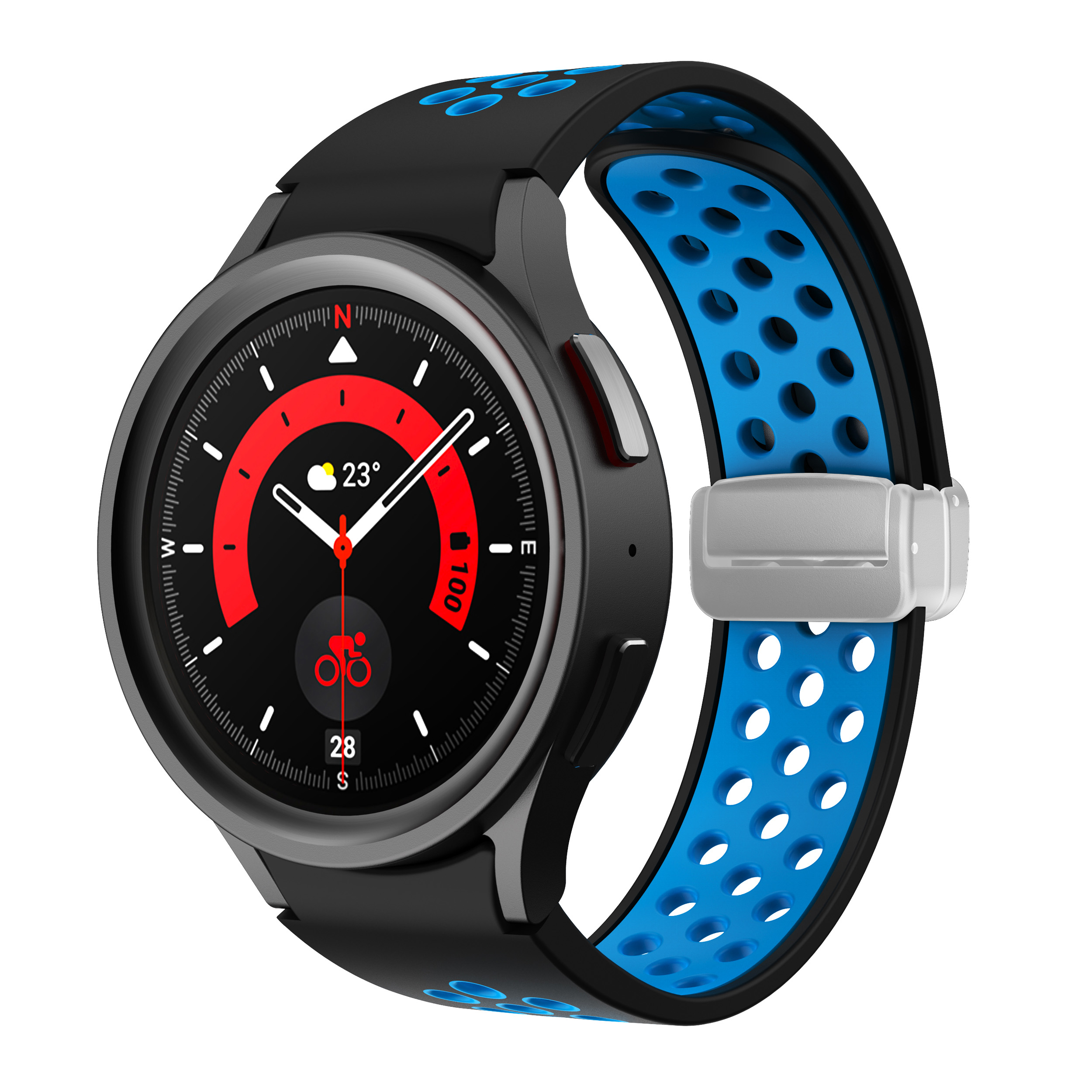 Levně Perforovaný magnetický řemínek pro Samsung Watch 4/5/6 Barva: Černo-modrý se stříbrnou přezkou