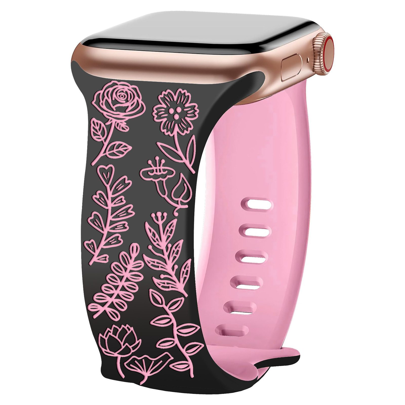 Gravírovaný řemínek květiny pro Apple Watch 42/44/45/46/49mm Barva: Černo-tmavěrůžový