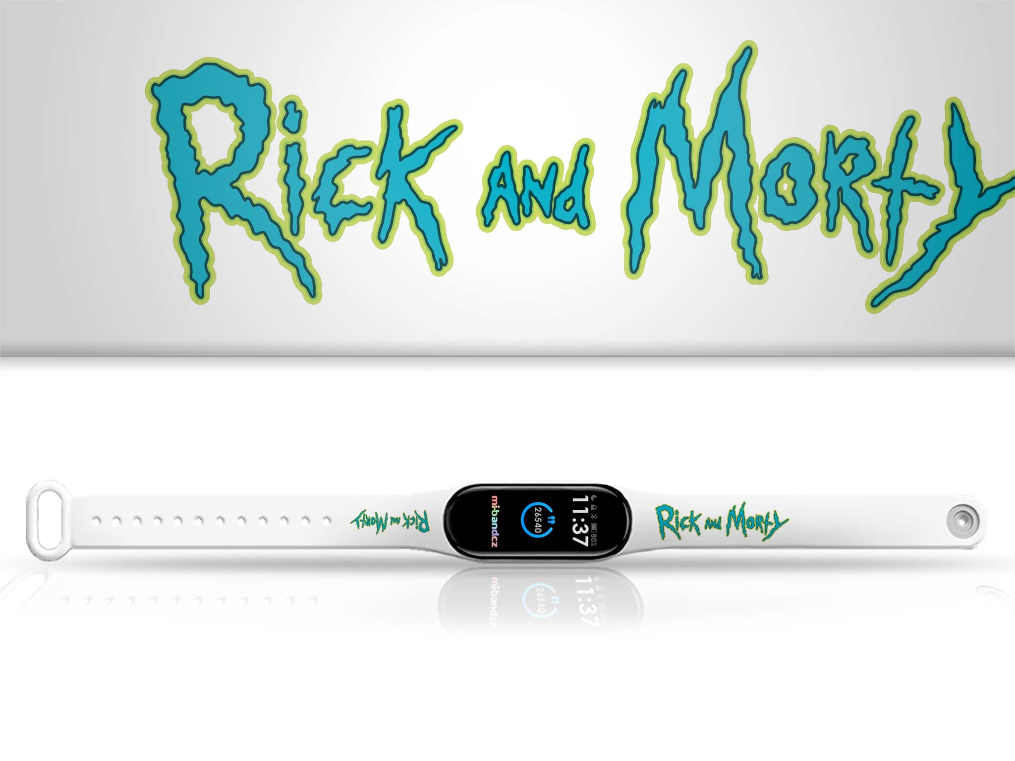 Náhradní náramek Mi band 3/4/5/6/7 Rick and Morty - Logo 2 - Bílá -