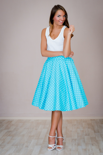 Kolová sukně modrá s puntíkem (Barva Barva ze vzorníku č. 1 - bez příplatku, Velikost Na zakázku - pas > 90cm + 200Kč)