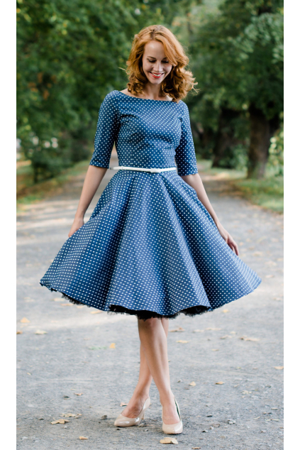 ADELE retro šaty denim s puntíkem (Barva Barva jako na obrázku, Velikost Zakázkové šití + 500Kč)