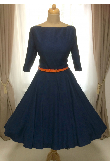 ADELE vlněné tmavě modré retro šaty (Barva Barva jako na obrázku, Velikost Zakázkové šití + 500Kč)