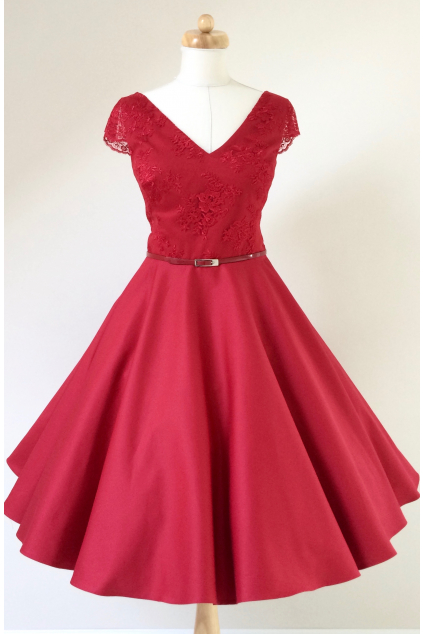 Krátké červené společenské šaty LOREN s krajkou - více barev (Barva Barva jako na obrázku, Velikost Zakázkové šití + 500Kč)