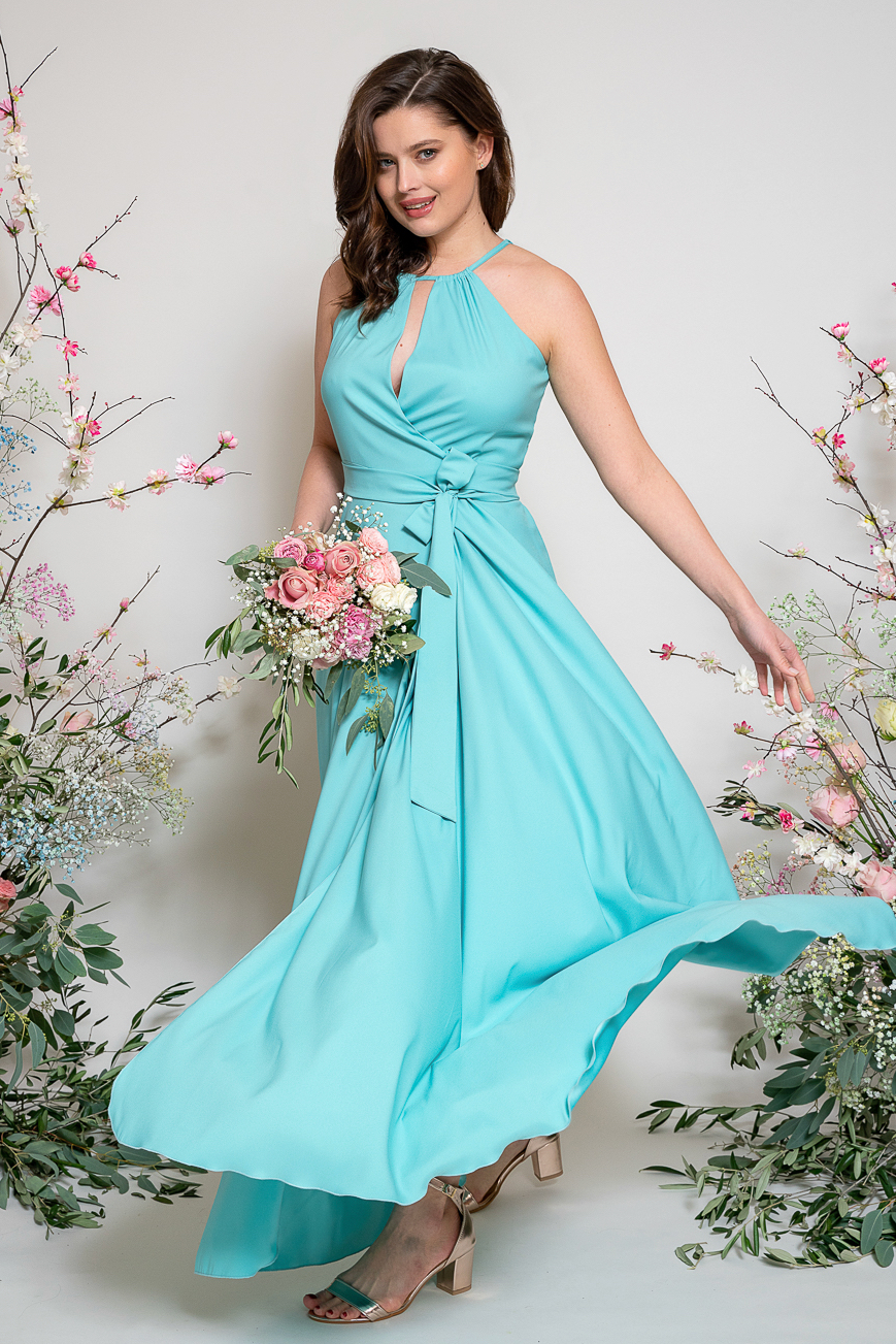 Dlouhé zavinovací šaty s vázaním, vel. 34-42 Modrá /bright blue/, 34