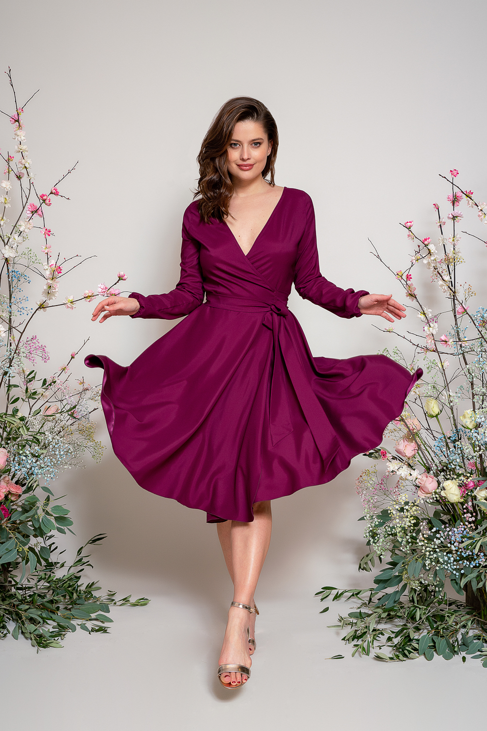 Midi zavinovací šaty s rukávy vel. 42+ Světle růžová /pretty petal/, 42 - 46 (vel. do: prsa 108, pas 92)