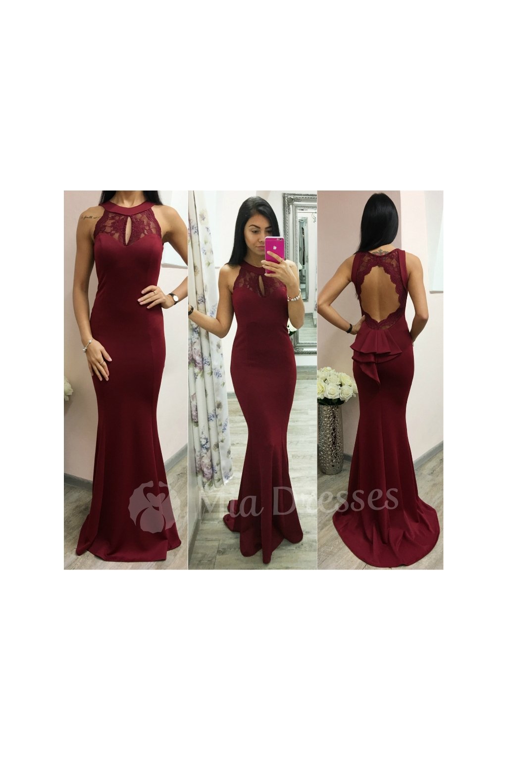 Bordové spoločenské šaty s odhaleným chrbtom (Velikost L)