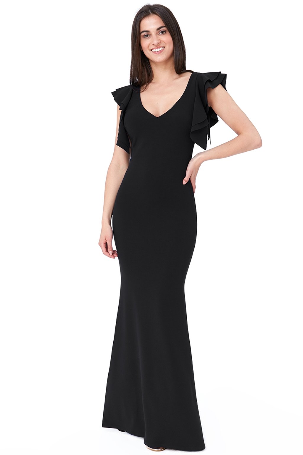 Čierne priliehavé šaty s volánikmi a odhaleným chrbtom (Velikost L)
