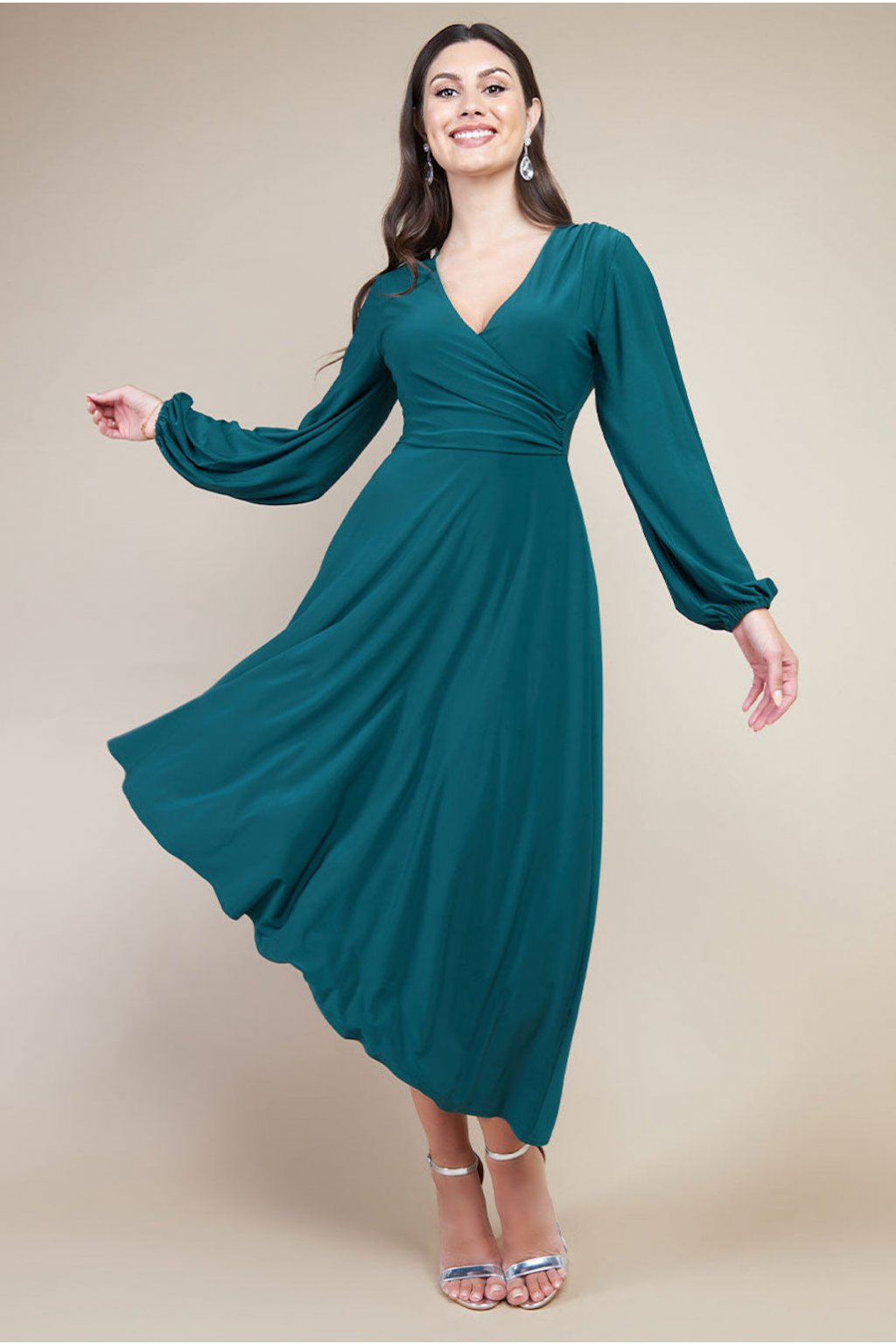 Zelené asymetrické šaty s dlhými rukávmi (Velikost L)