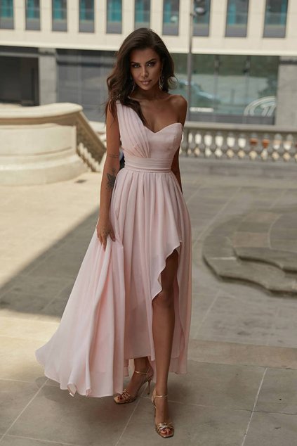 Svetloružové trblietavé šaty s asymetrickou sukňou (Velikost M)