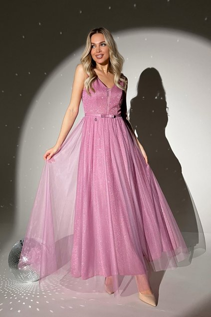 Ružové trblietavé šaty s tylovou sukňou (Velikost L)