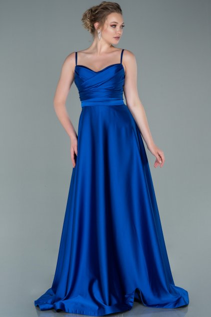 Modré saténové šaty na ramienka (Velikost L)