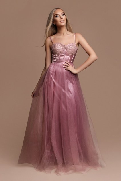 Ružové trblietavé šaty s korzetom a tylovou sukňou (Velikost L)