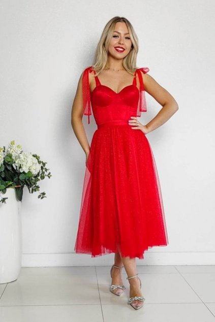 Červené trblietavé tylové midi šaty (Velikost L)