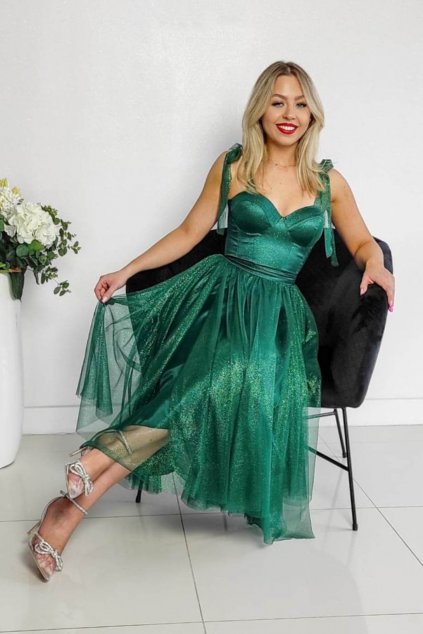 Smaragdové trblietavé tylové midi šaty (Velikost L)