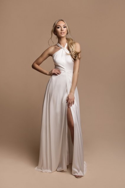 Biele saténové šaty s vysokým rozparkom (Velikost L)