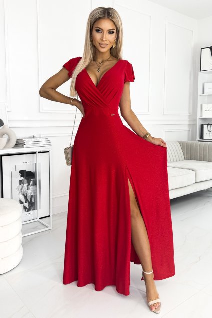 Červené trblietavé šaty s volánikovými rukávmi (Velikost L)