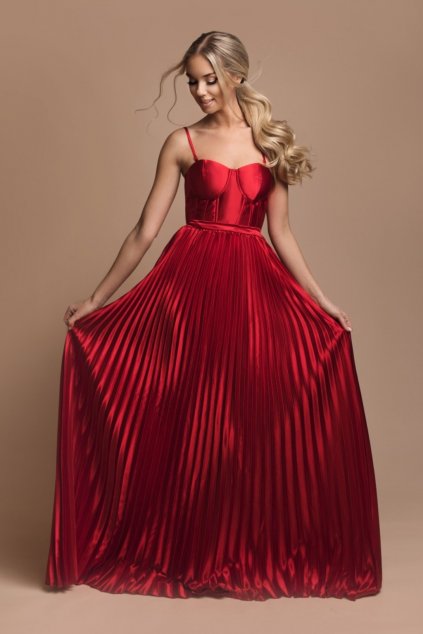 Červené spoločenské šaty s plisovanou sukňou (Velikost L)
