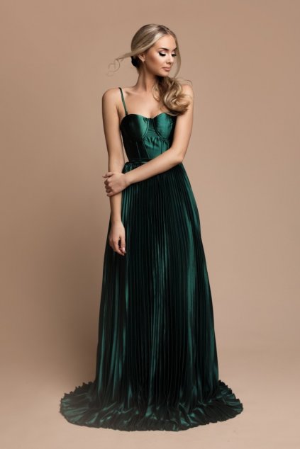 Smaragdové spoločenské šaty s plisovanou sukňou (Velikost L)
