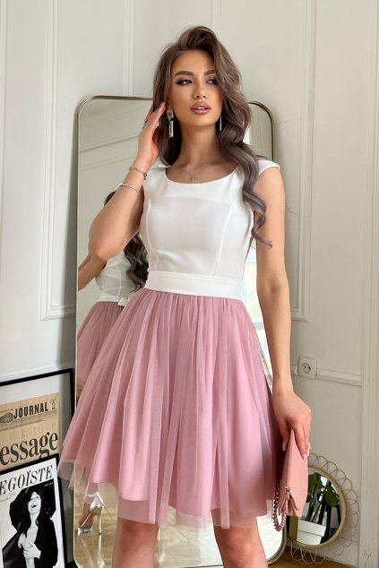 Bielo-ružové krátke šaty s tylovou sukňou (Velikost L)