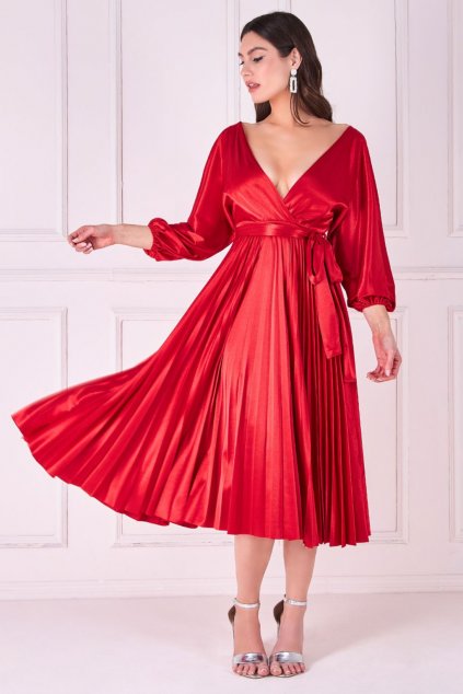 Červené lesklé midi šaty s plisovanou sukňou (Velikost L)