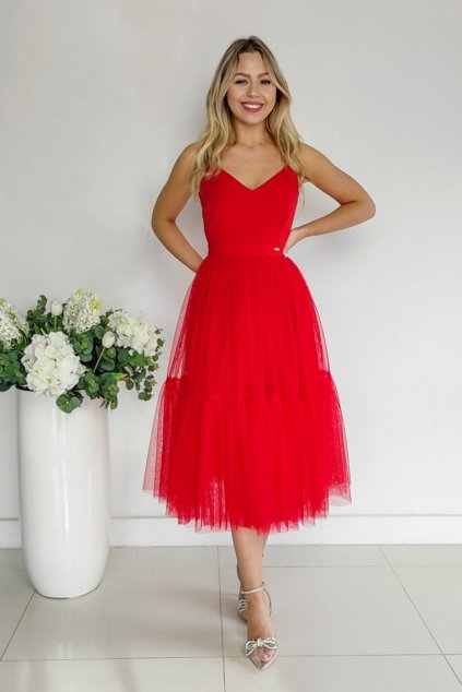 Červené midi šaty s tylovou sukňou (Velikost L)
