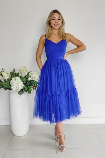 Modré midi šaty s tylovou sukňou (Velikost L)
