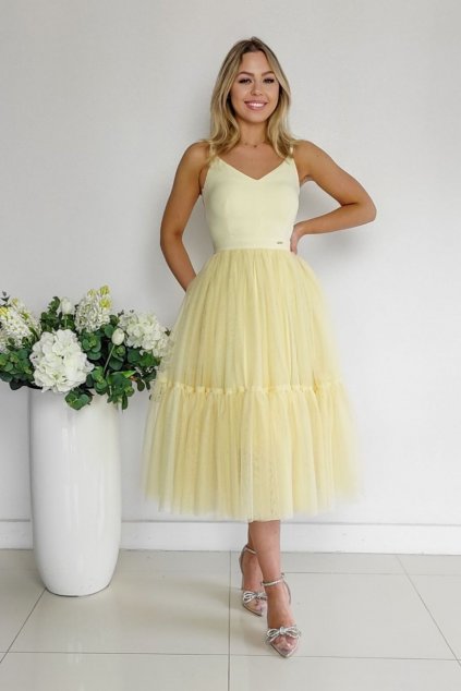 Žlté midi šaty s tylovou sukňou (Velikost L)