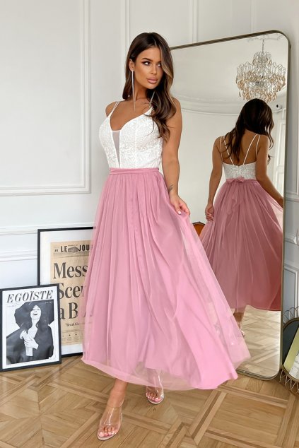 Bielo-ružové spoločenské šaty s tylovou sukňou (Velikost L)