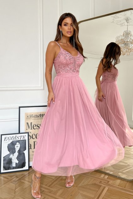 Ružové spoločenské šaty s tylovou sukňou (Velikost L)