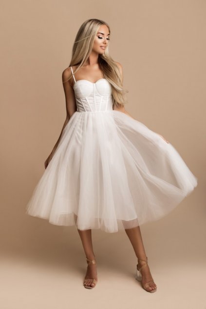Biele midi šaty s korzetom a tylovou sukňou (Velikost L)