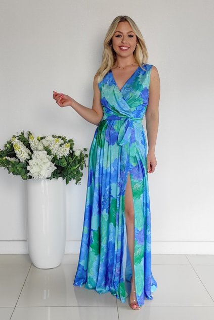 Modro-zelené kvetinové šaty s rozparkom (Velikost L)