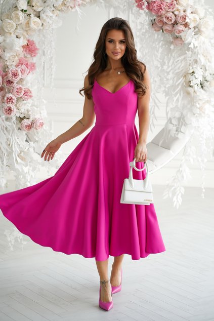 Neónové ružové midi šaty na ramienka (Velikost L)