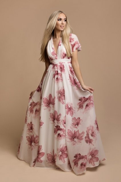 Bielo-ružové kvetinové šaty (Velikost L)