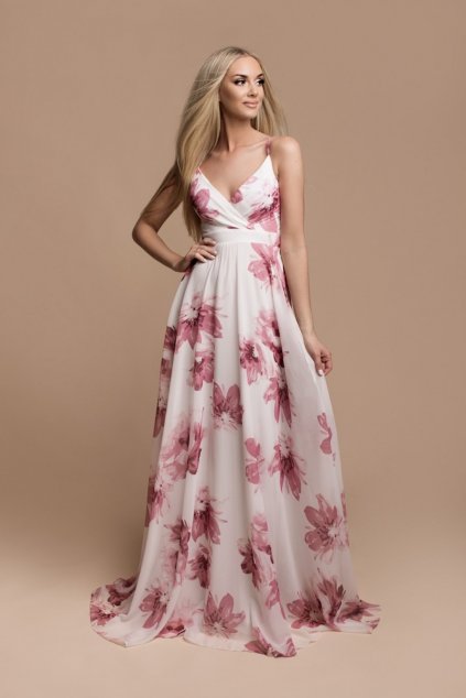 Bielo-ružové kvetinové šaty na ramienka (Velikost 4XL)