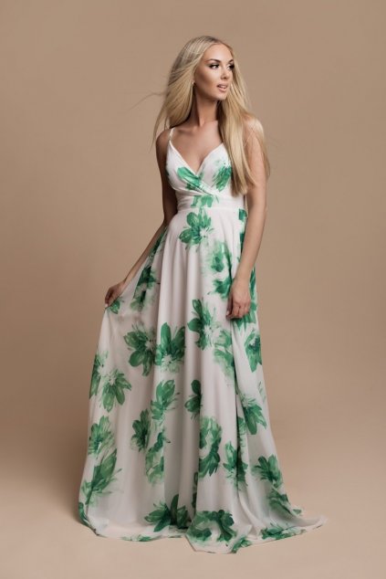 Bielo-zelené kvetinové šaty na ramienka (Velikost L)