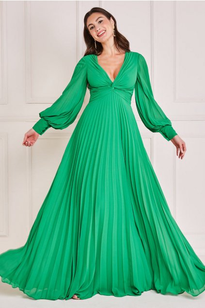 Zelené plisované šaty s dlhými rukávmi (Velikost L)